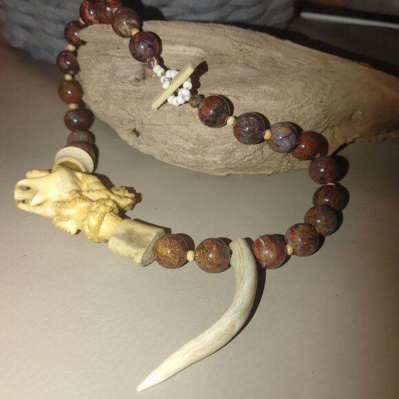 Antique Agate Bead Necklace Carved Antler Pendant Deer Elk Artisan Craft Rustic - Picture 7 of 16